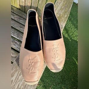 Authentic Yves Saint Laurent YSL Logo Lambskin Leather Espadrille Nude Size 38 R